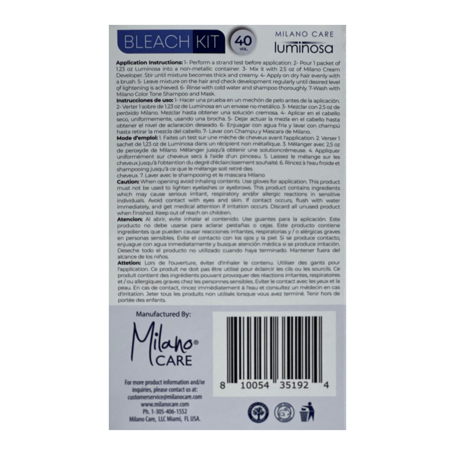 Milano Care Luminosa Bleach Powder-40 Vol Kit-2 Applications-Lifts up to 7 levels