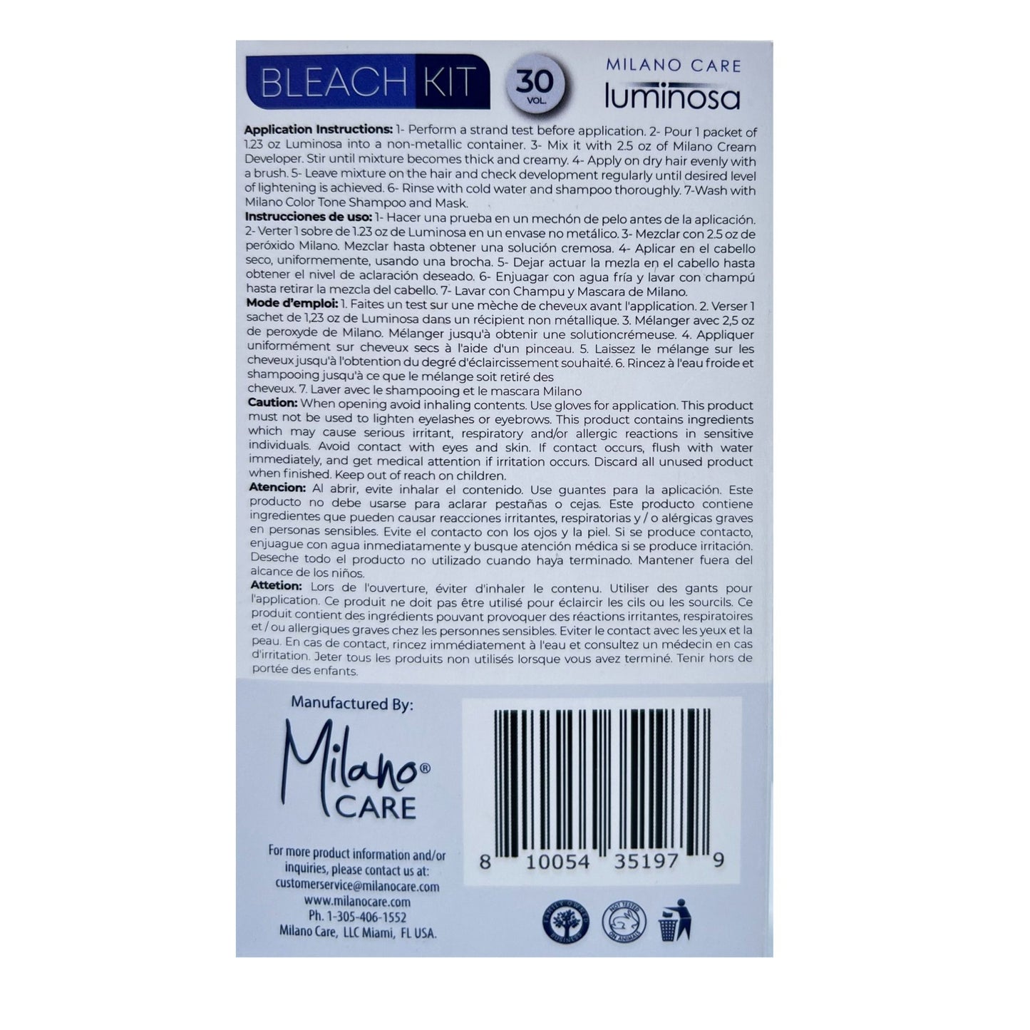 Milano Care Luminosa Bleach Powder-30 Vol Kit-2 Applications-Lifts up to 7 levels