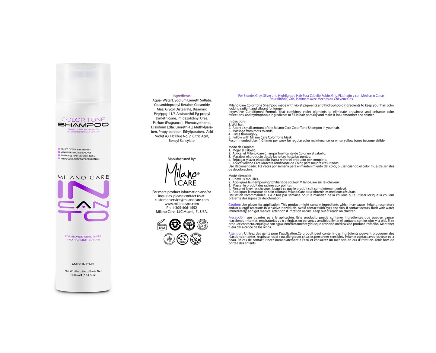 Milano Care Color Tone Shampoo 8 fl oz ml /250 ml